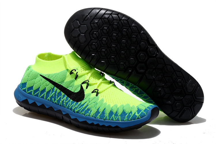 Nike Free 5.0 Flyknit Fluorescent Green Blue Black Running Shoes